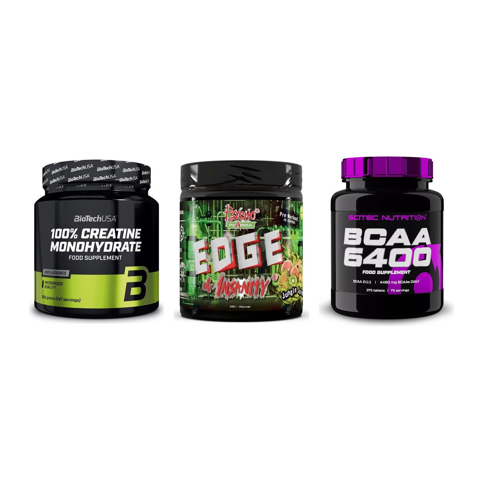 Kraft-Stack: BioTech Creatine + Psycho Pharma + Scitec BCAA 6400 – alle enthaltenen Artikel