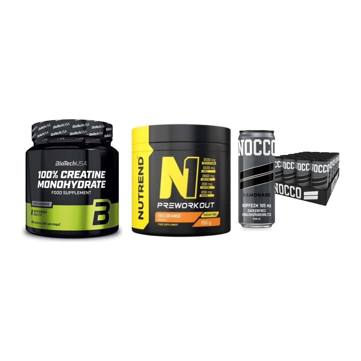 Kraft-Stack: BioTech Creatine + Nutrend N1 + Nocco BCAA Drink – alle enthaltenen Artikel