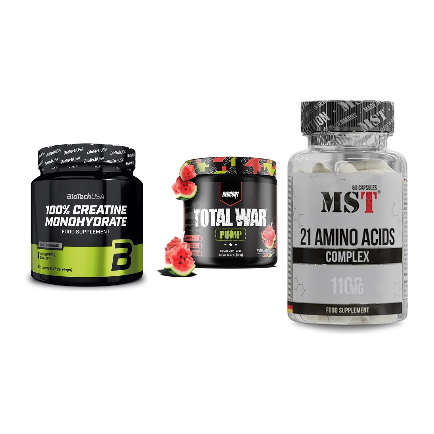 Kraft-Stack: BioTech Creatine + Redcon1 Total War + MST 21 Amino – alle enthaltenen Artikel