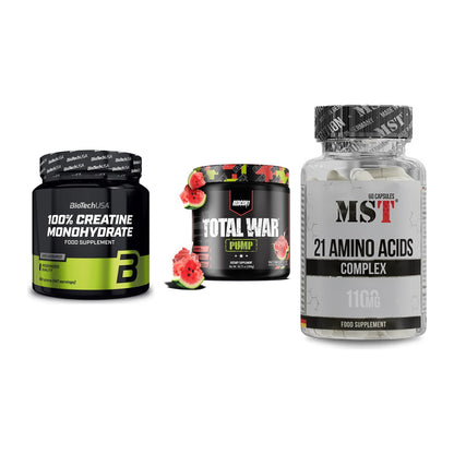 Kraft-Stack: BioTech Creatine + Redcon1 Total War + MST 21 Amino – alle enthaltenen Artikel