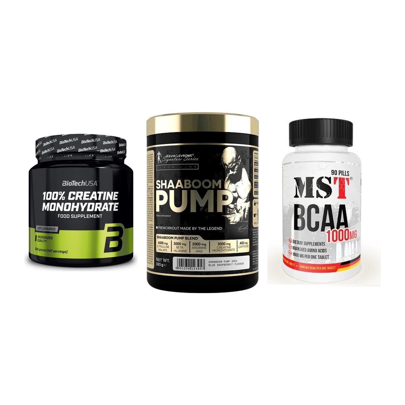 Kraft-Stack: BioTech Creatine + Kevin Levrone + MST BCAA 1000 (90 – alle enthaltenen Artikel