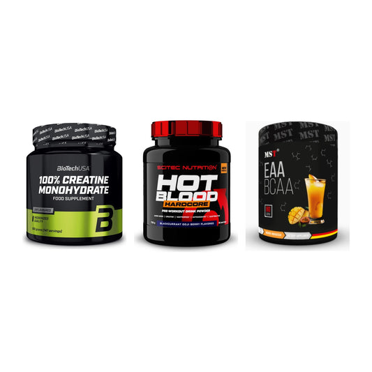 Kraft-Stack: BioTech Creatine + Scitec Hot Blood + MST EAA & BCAA – alle enthaltenen Artikel