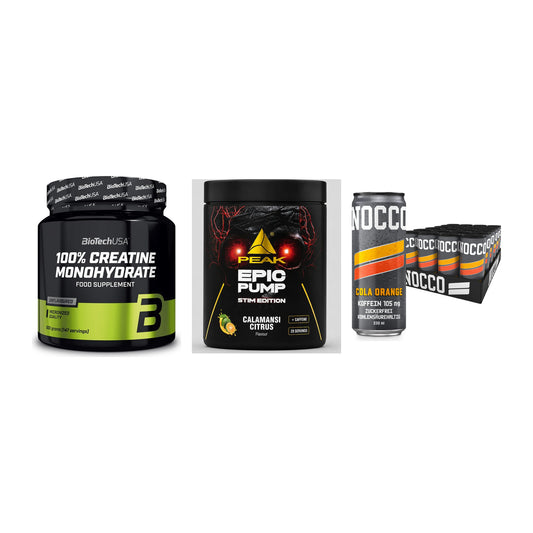 Kraft-Stack: BioTech Creatine + Peak Epic Pump + Nocco BCAA Drink – alle enthaltenen Artikel