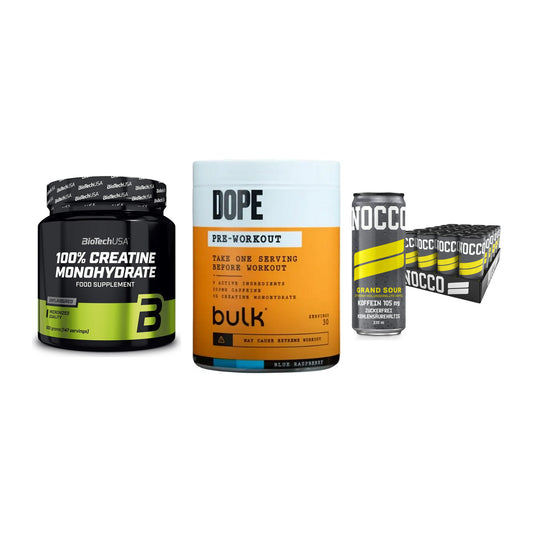 Kraft-Stack: BioTech Creatine + Bulk Dope + Nocco BCAA Drink – alle enthaltenen Artikel