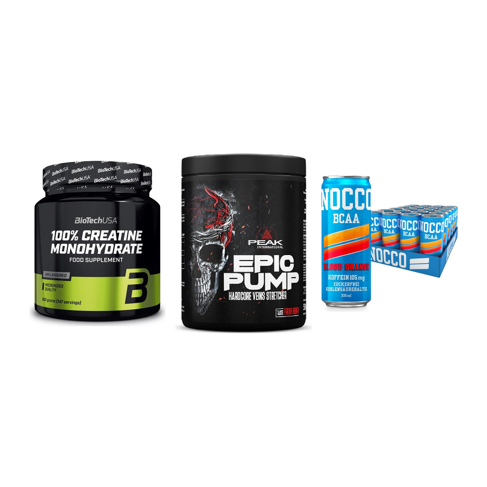 Kraft-Stack: BioTech Creatine + Peak EPIC Pump + Nocco BCAA Drink – alle enthaltenen Artikel