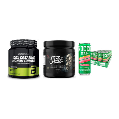 Kraft-Stack: BioTech Creatine + #GYMJUICE SUIZIDE + Nocco BCAA Drink – alle enthaltenen Artikel