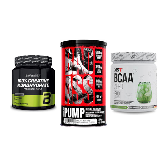 Kraft-Stack: BioTech Creatine + BAD ASS Pump + MST BCAA Zero – alle enthaltenen Artikel