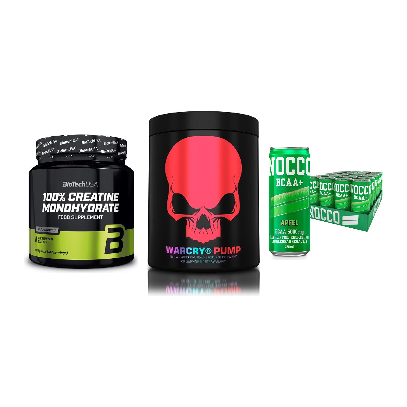 Kraft-Stack: BioTech Creatine + Genius Nutrition + Nocco BCAA Drink – alle enthaltenen Artikel
