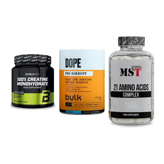 Kraft-Stack: BioTech Creatine + Bulk Dope + MST 21 Amino – alle enthaltenen Artikel