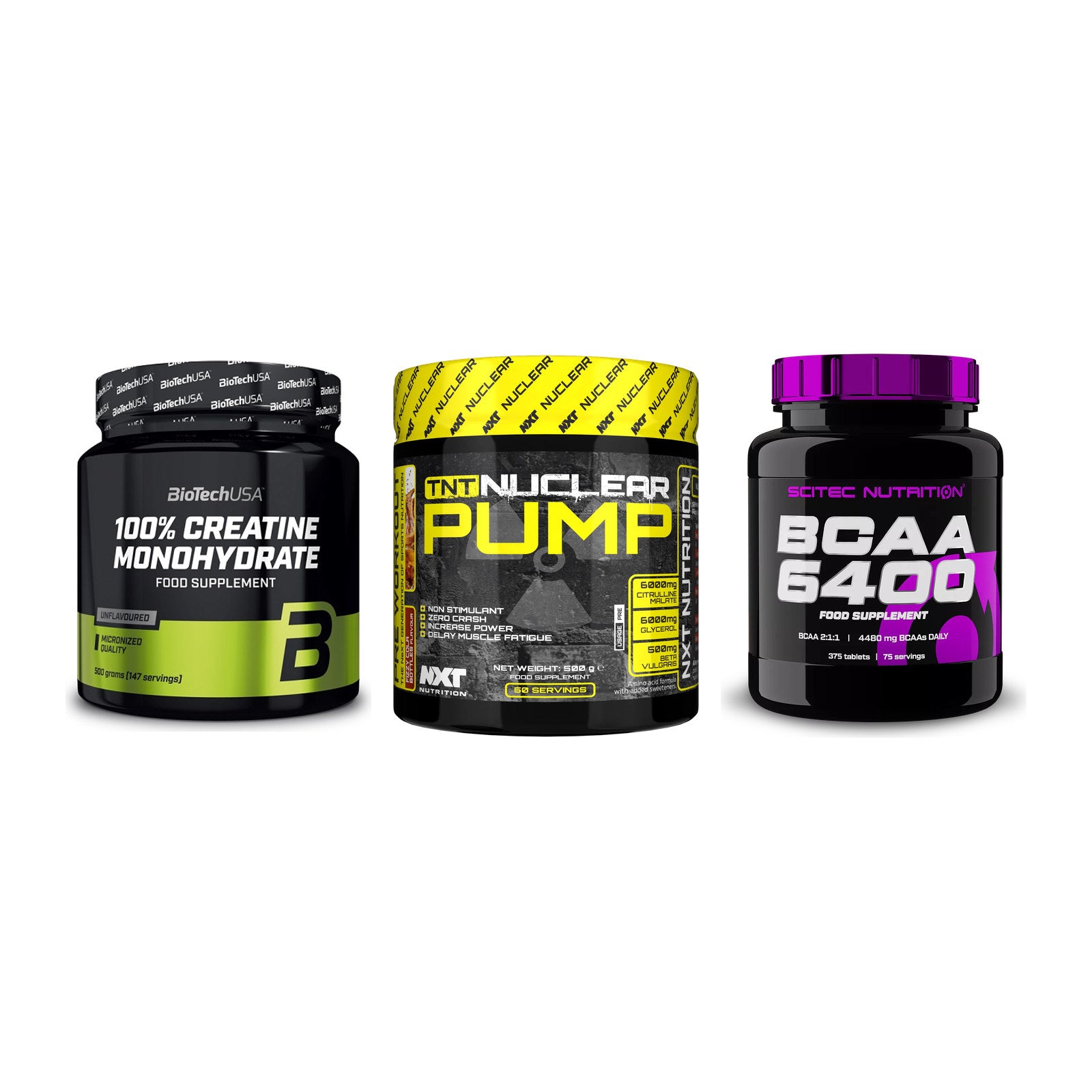 Kraft-Stack: BioTech Creatine + NXT Nutrition TNT + Scitec BCAA 6400 – alle enthaltenen Artikel