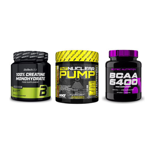 Kraft-Stack: BioTech Creatine + NXT Nutrition TNT + Scitec BCAA 6400 – alle enthaltenen Artikel