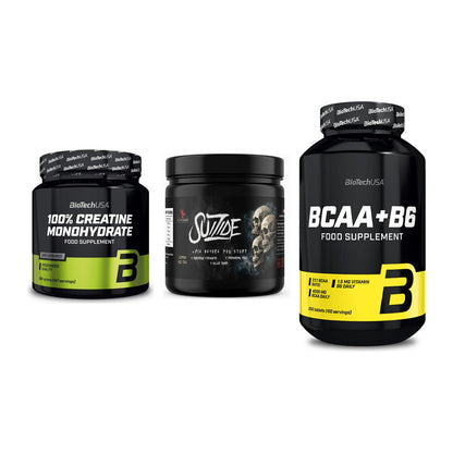 Kraft-Stack: BioTech Creatine + #GYMJUICE SUIZIDE + BioTech BCAA+B6 – alle enthaltenen Artikel