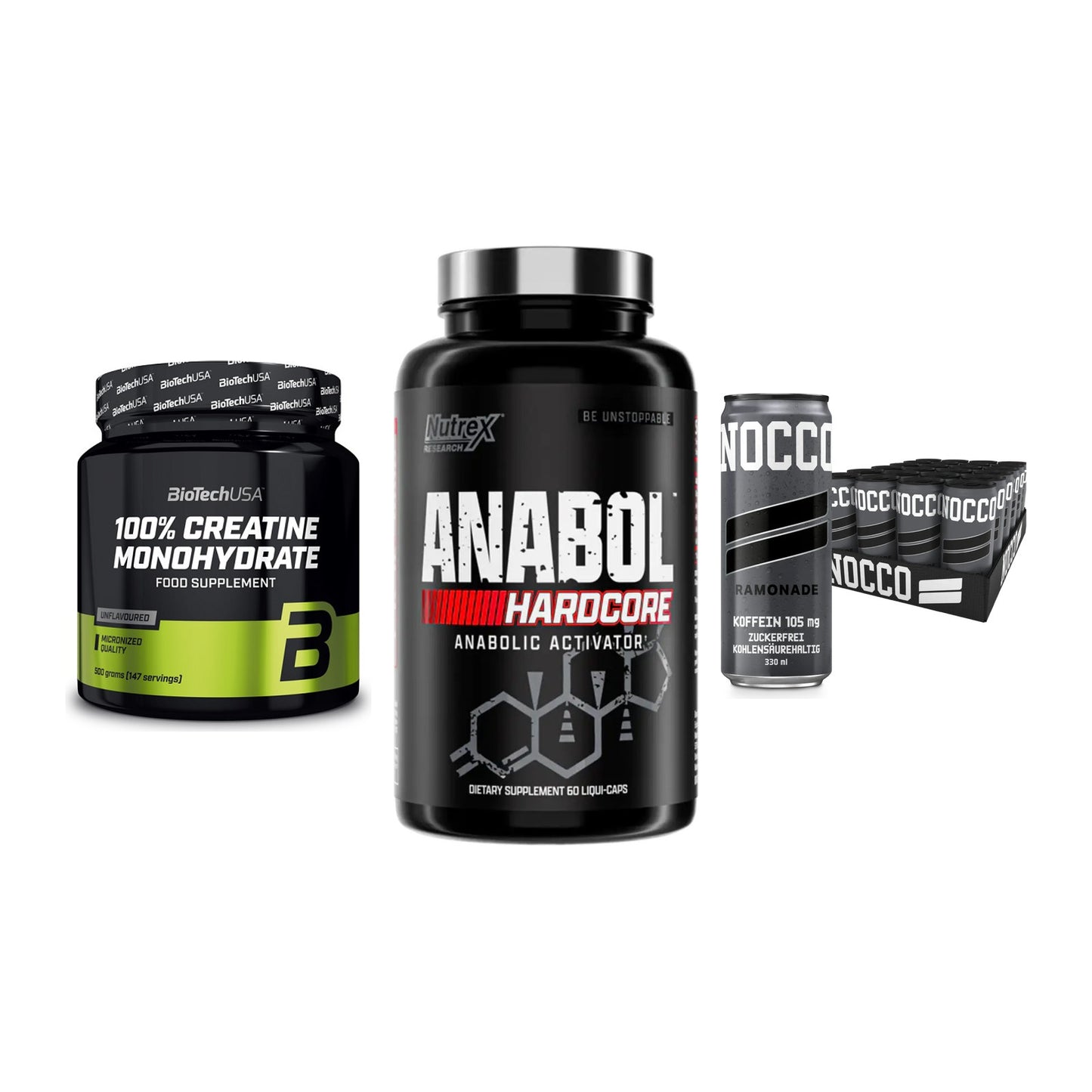 Kraft-Stack: BioTech Creatine + Nutrex Anabol + Nocco BCAA Drink – alle enthaltenen Artikel