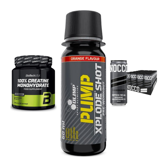 Kraft-Stack: BioTech Creatine + Olimp Pump Xplode + Nocco BCAA Drink – alle enthaltenen Artikel