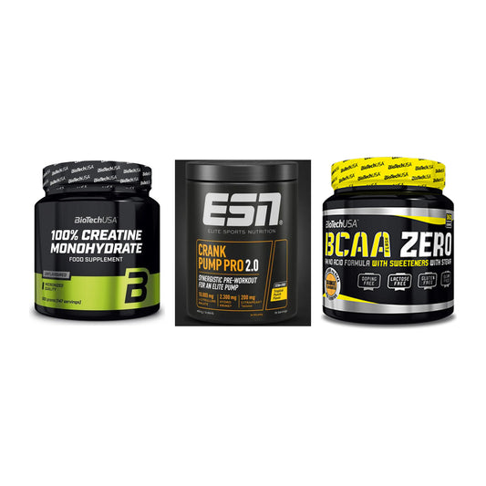 Kraft-Stack: BioTech Creatine + ESN Crank Pump + BioTech BCAA Zero – alle enthaltenen Artikel