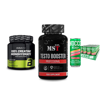 Kraft-Stack: BioTech Creatine + MST Testo Booster + Nocco BCAA Drink – alle enthaltenen Artikel