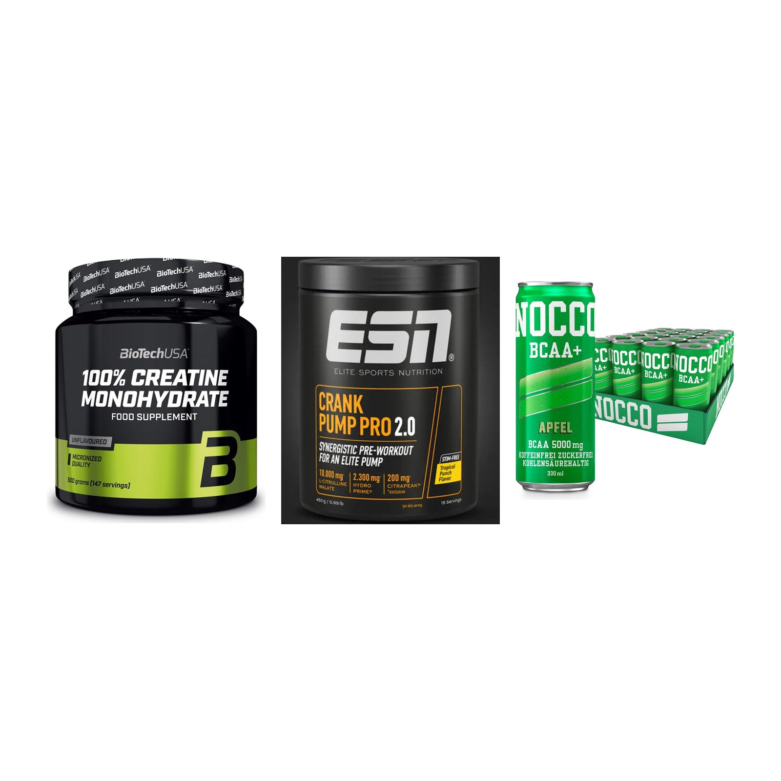 Kraft-Stack: BioTech Creatine + ESN Crank Pump + Nocco BCAA Drink – alle enthaltenen Artikel