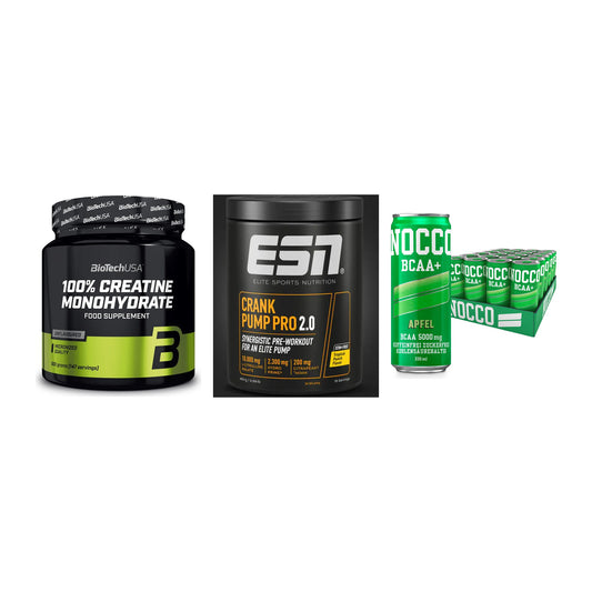 Kraft-Stack: BioTech Creatine + ESN Crank Pump + Nocco BCAA Drink – alle enthaltenen Artikel