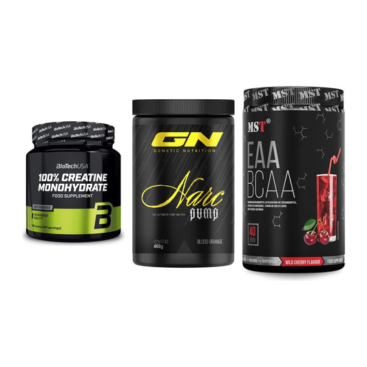 Kraft-Stack: BioTech Creatine + GN Narc Pump + MST EAA & BCAA – alle enthaltenen Artikel