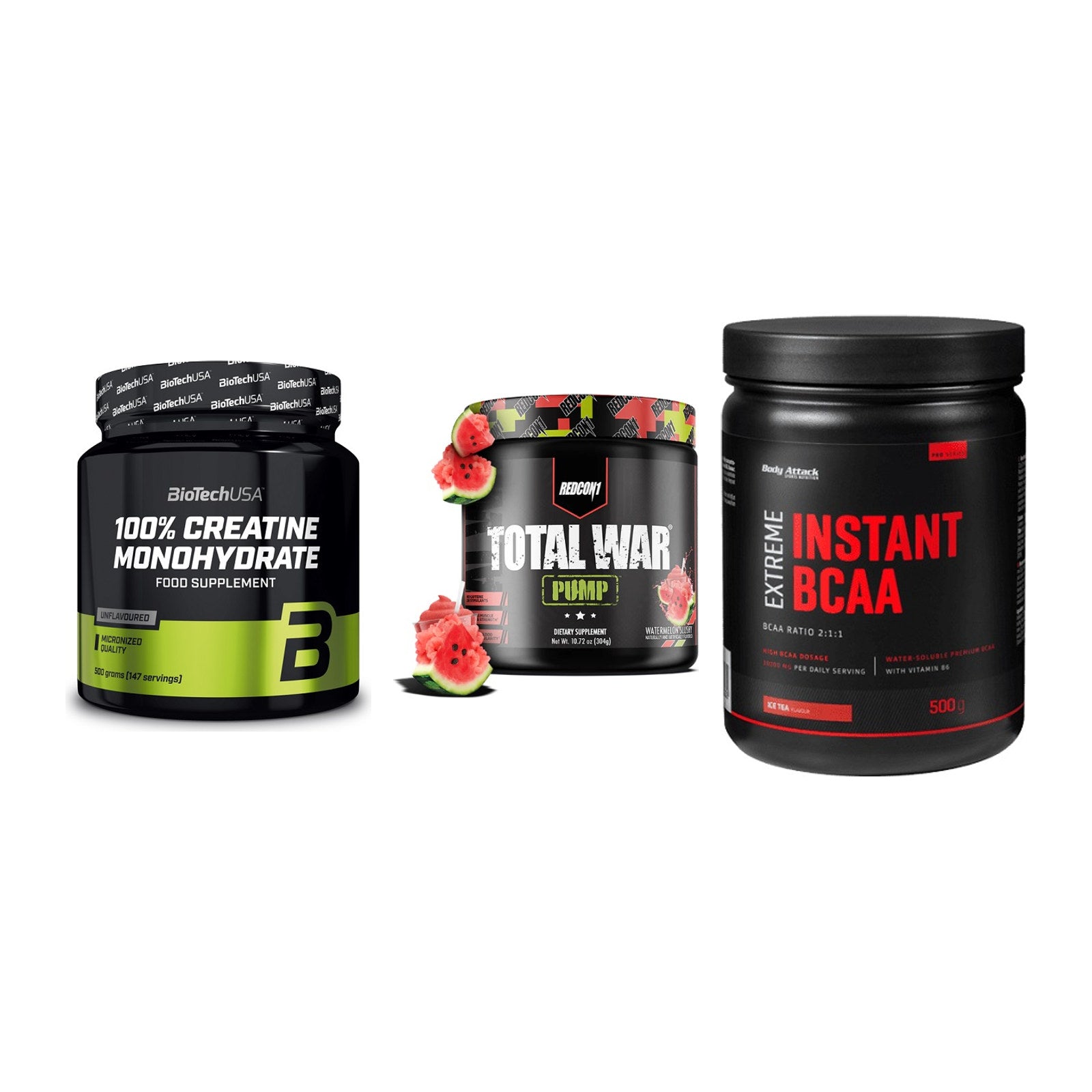 Kraft-Stack: BioTech Creatine + Redcon1 Total War + Body Attack – alle enthaltenen Artikel