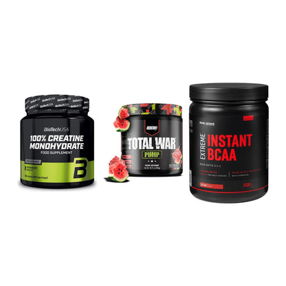 Kraft-Stack: BioTech Creatine + Redcon1 Total War + Body Attack – alle enthaltenen Artikel