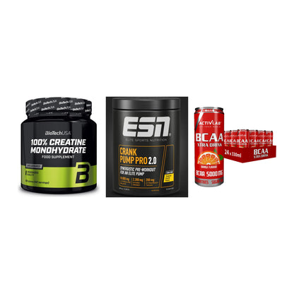 Kraft-Stack: BioTech Creatine + ESN Crank Pump + Activlab BCAA – alle enthaltenen Artikel