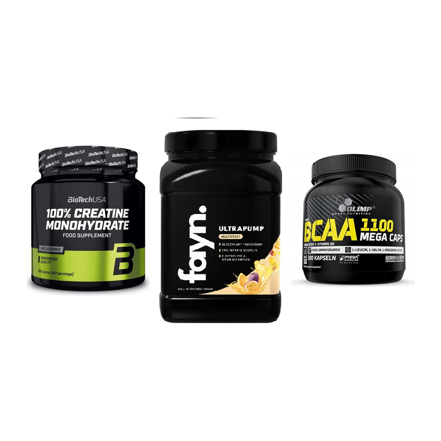 Kraft-Stack: BioTech Creatine + Fayn. Ultrapump + Olimp BCAA Mega – alle enthaltenen Artikel