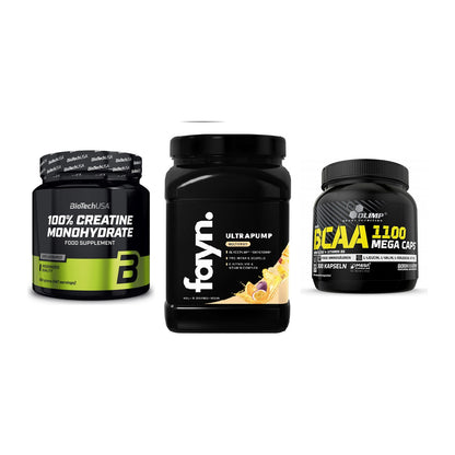 Kraft-Stack: BioTech Creatine + Fayn. Ultrapump + Olimp BCAA Mega – alle enthaltenen Artikel