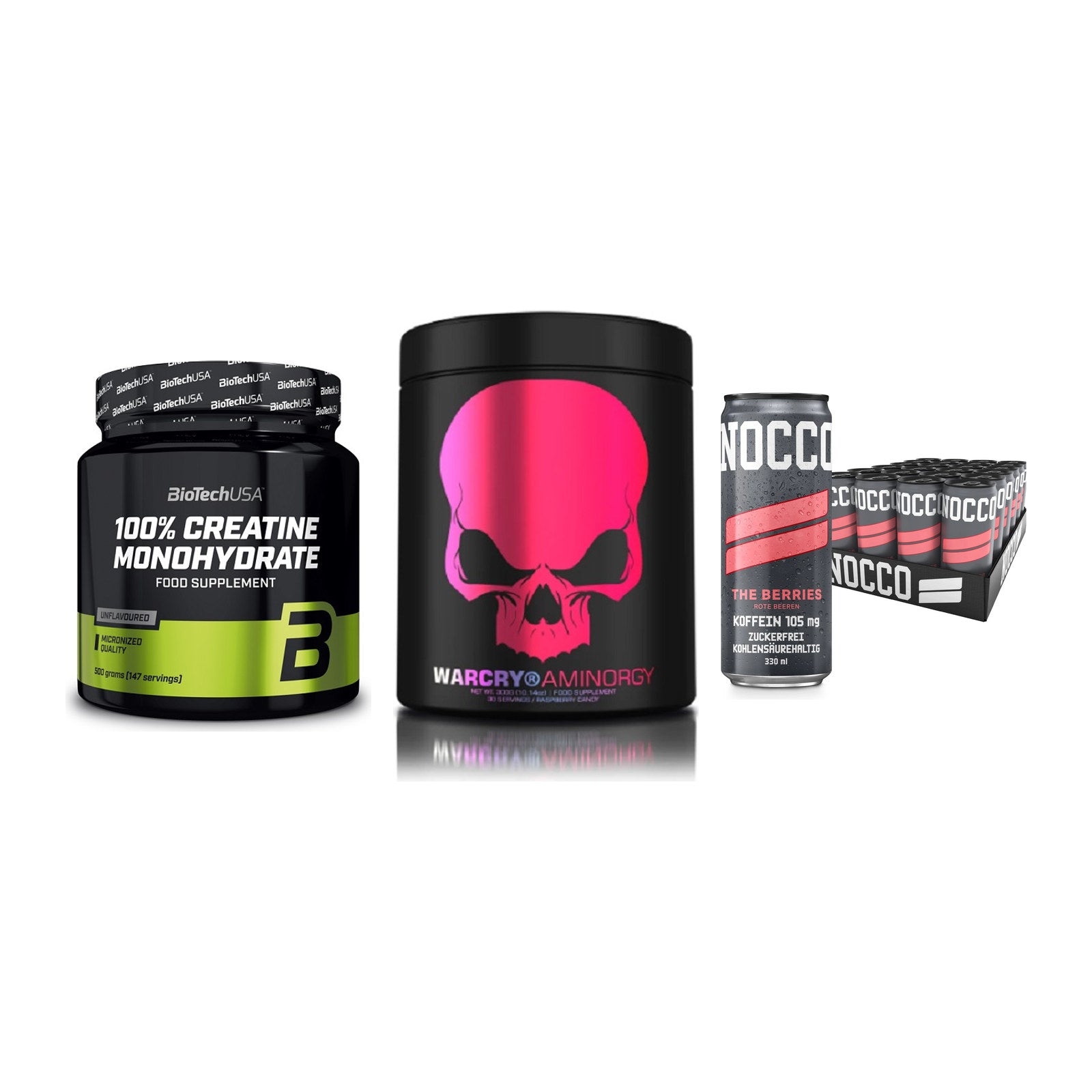 Kraft-Stack: BioTech Creatine + Genius Nutrition + Nocco BCAA Drink – alle enthaltenen Artikel