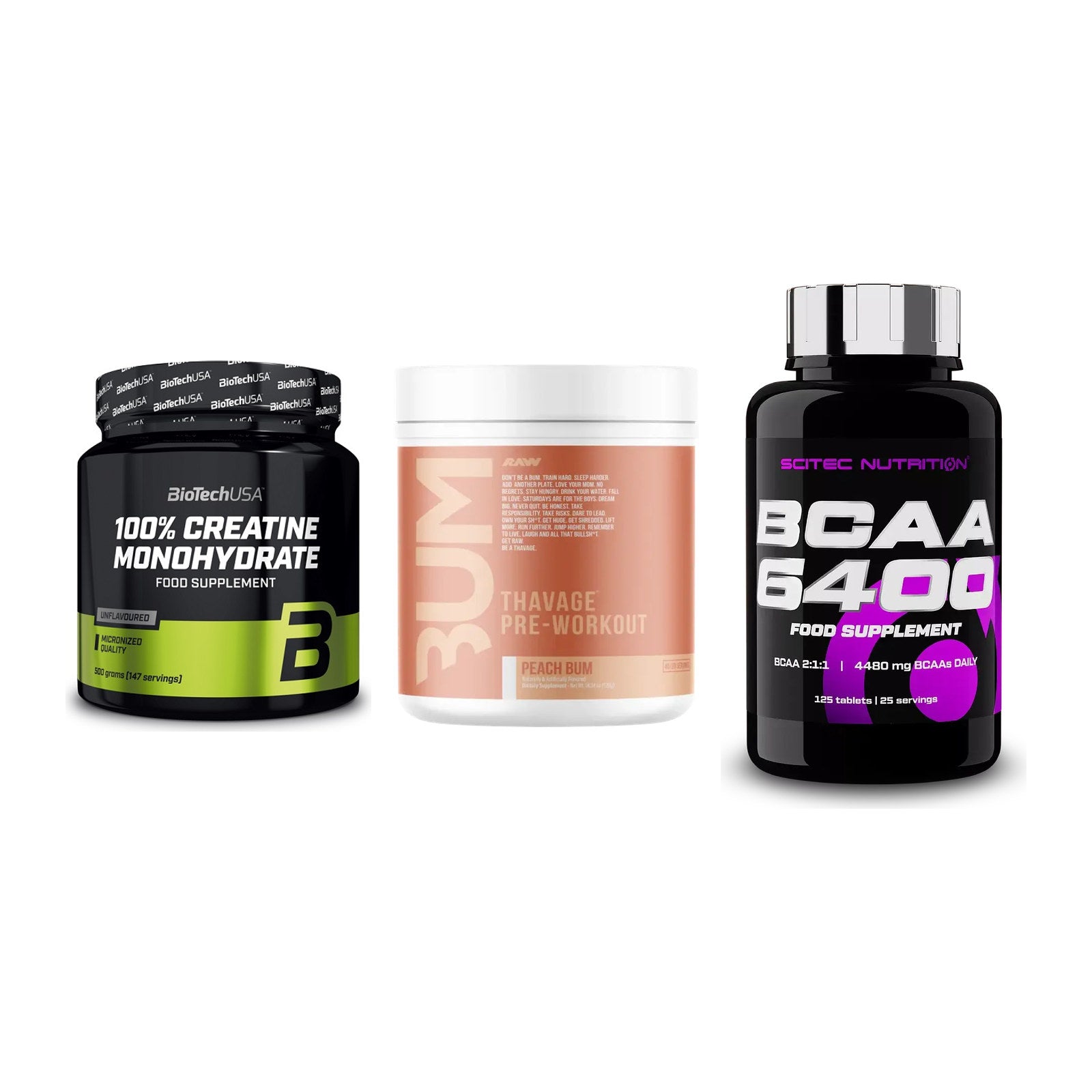 Kraft-Stack: BioTech Creatine + RAW Nutrition + Scitec BCAA 6400 – alle enthaltenen Artikel