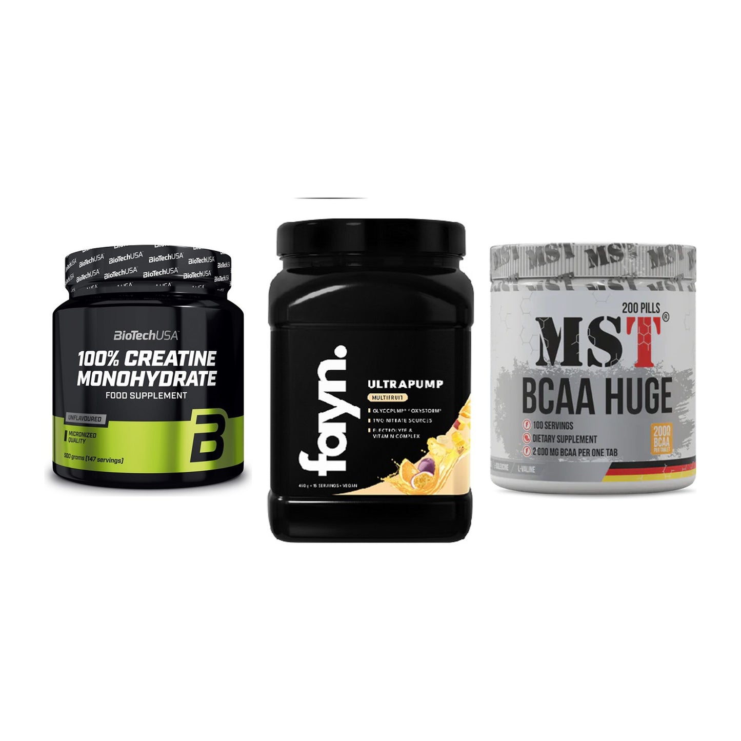 Kraft-Stack: BioTech Creatine + Fayn. Ultrapump + MST BCAA Huge 200 – alle enthaltenen Artikel