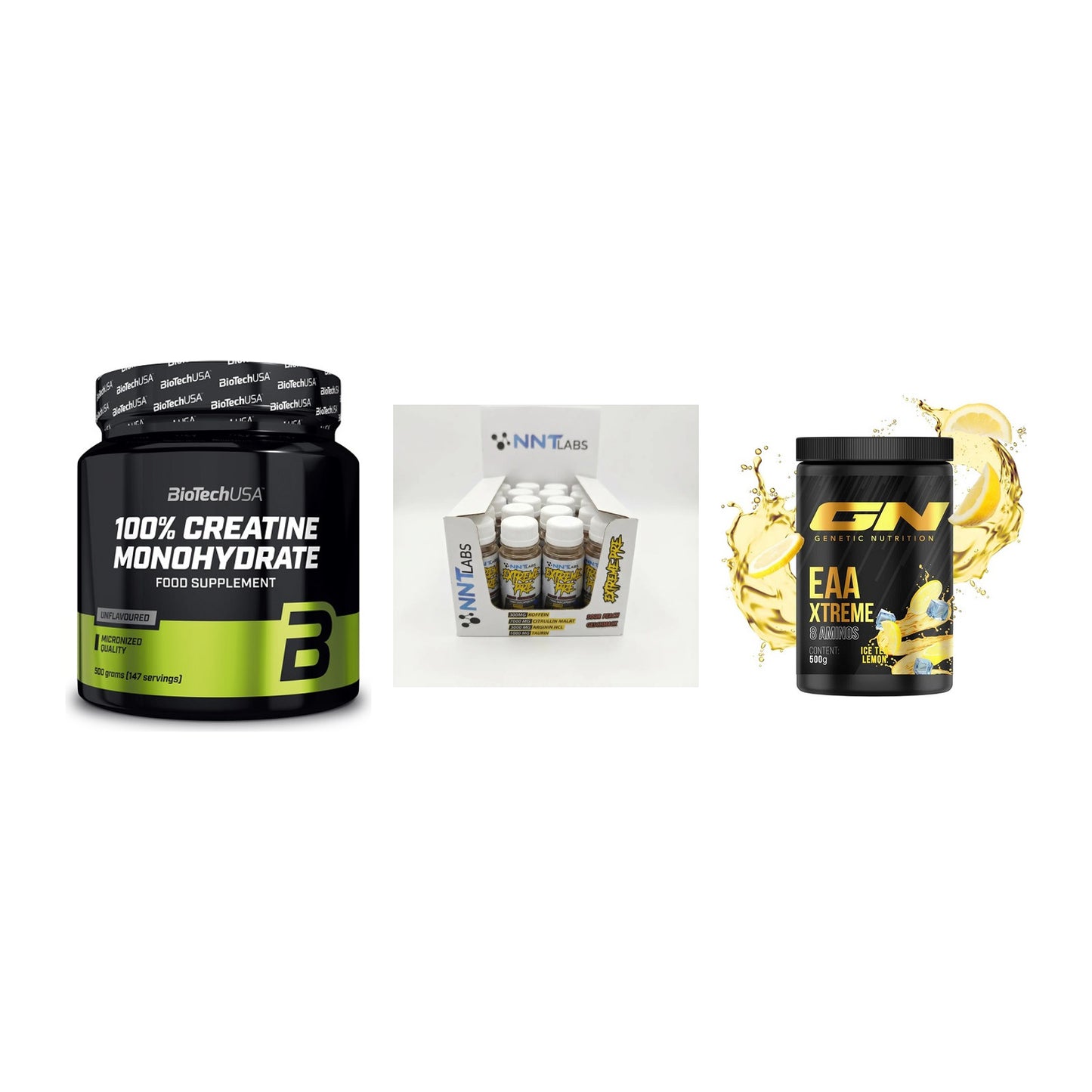 Kraft-Stack: BioTech Creatine + NNT Extreme + GN EAA Xtreme – alle enthaltenen Artikel