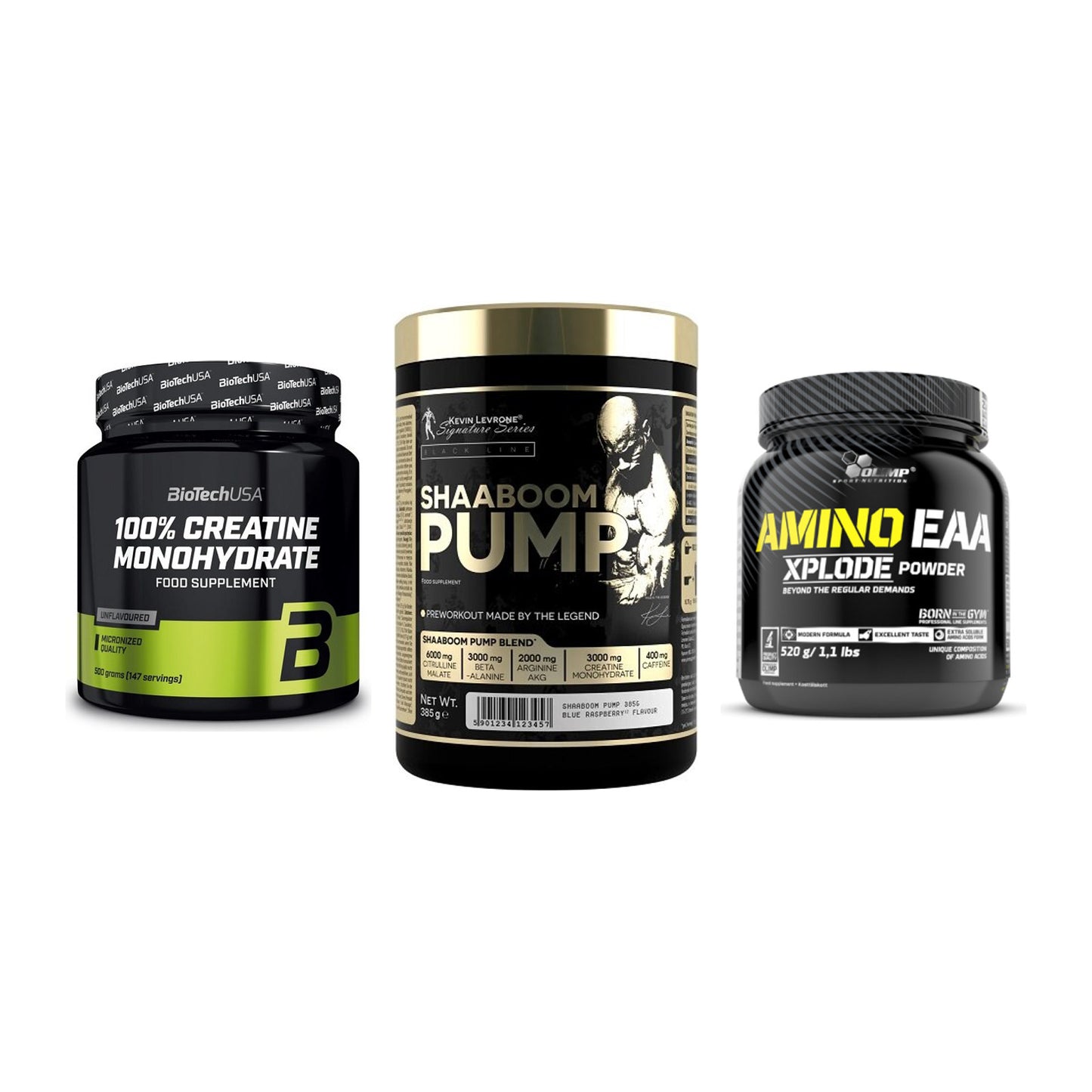 Kraft-Stack: BioTech Creatine + Kevin Levrone + Olimp Amino EAA – alle enthaltenen Artikel