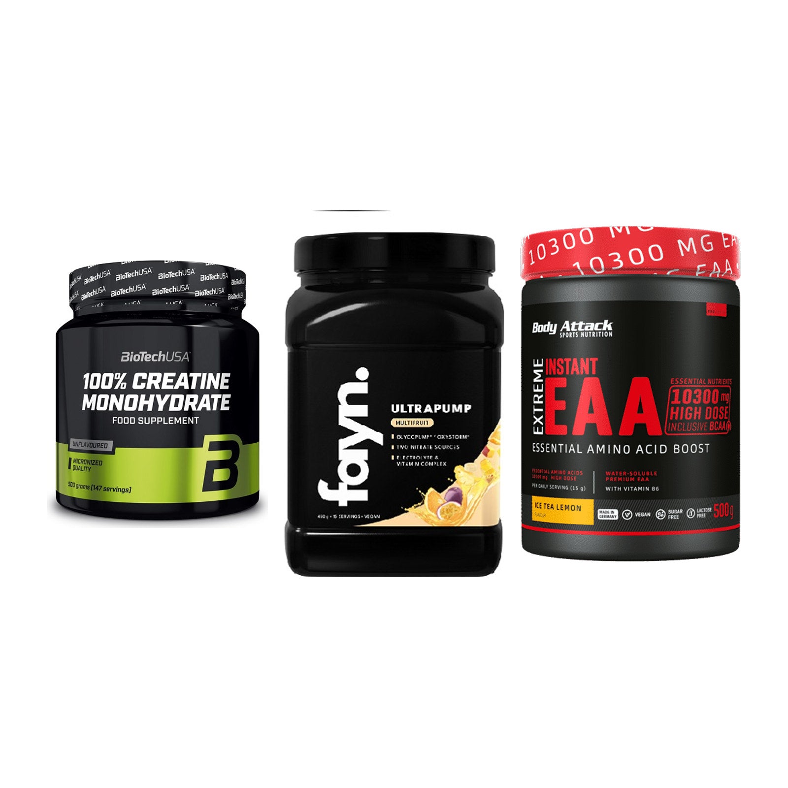 Kraft-Stack: BioTech Creatine + Fayn. Ultrapump + Body Attack – alle enthaltenen Artikel