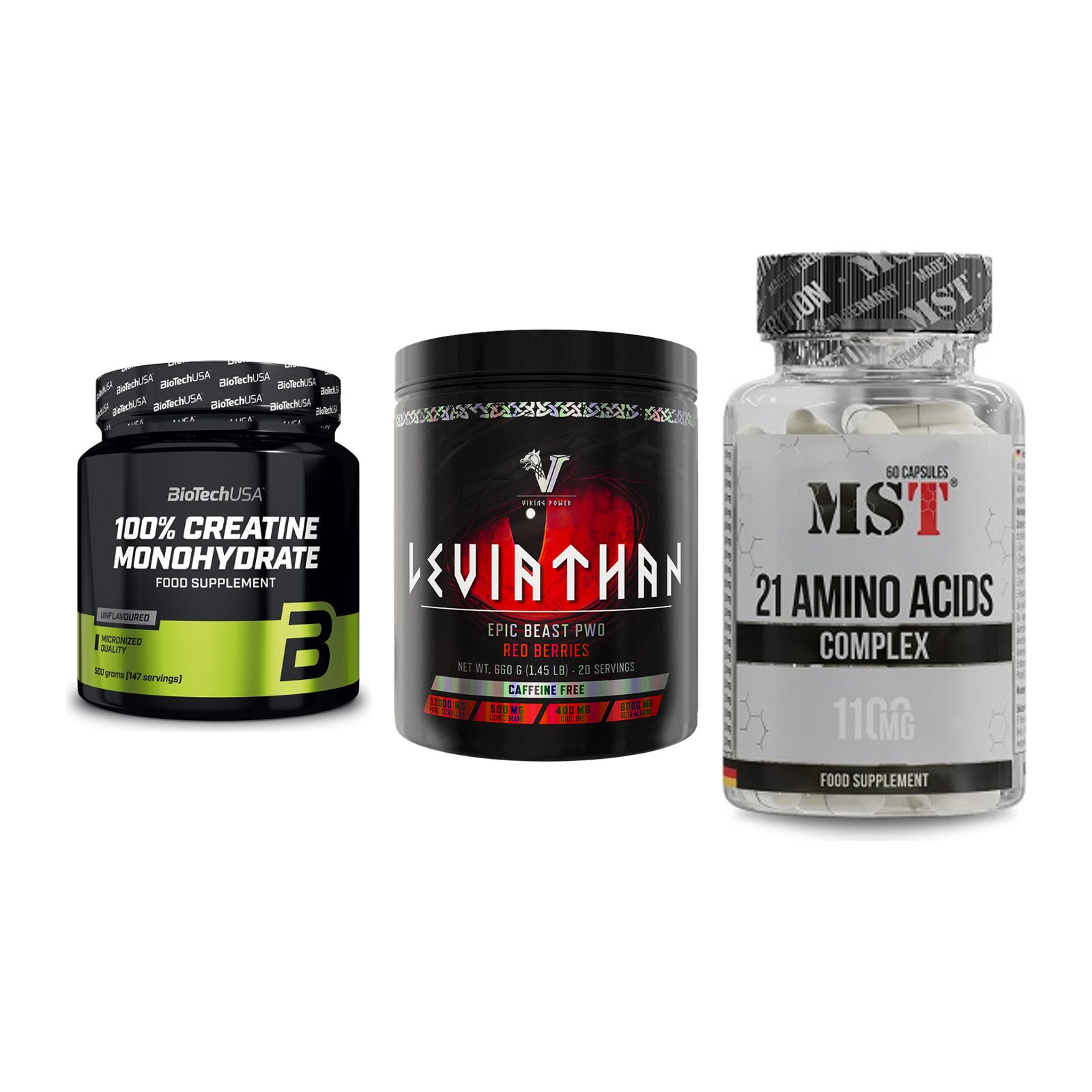 Kraft-Stack: BioTech Creatine + Viking Power + MST 21 Amino – alle enthaltenen Artikel