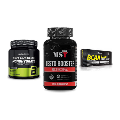 Kraft-Stack: BioTech Creatine + MST Testo Booster + Olimp BCAA Mega – alle enthaltenen Artikel