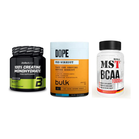 Kraft-Stack: BioTech Creatine + Bulk Dope + MST BCAA 1000 (90 – alle enthaltenen Artikel