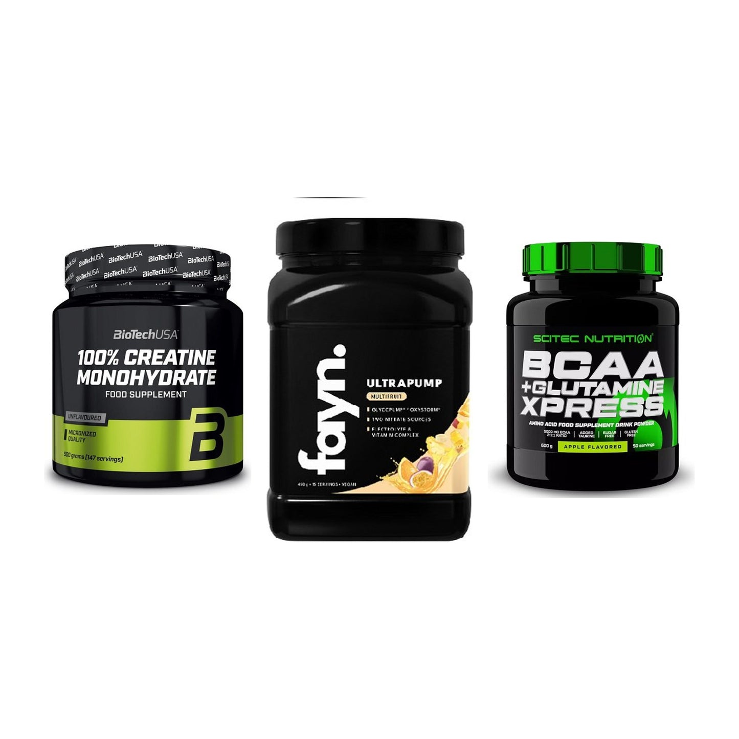 Kraft-Stack: BioTech Creatine + Fayn. Ultrapump + Scitec BCAA – alle enthaltenen Artikel