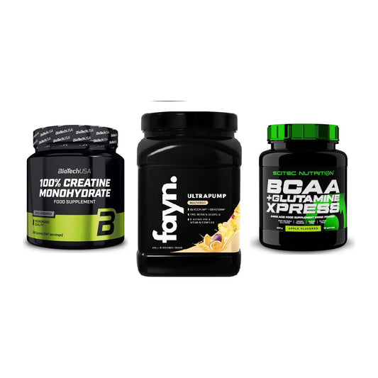 Kraft-Stack: BioTech Creatine + Fayn. Ultrapump + Scitec BCAA – alle enthaltenen Artikel