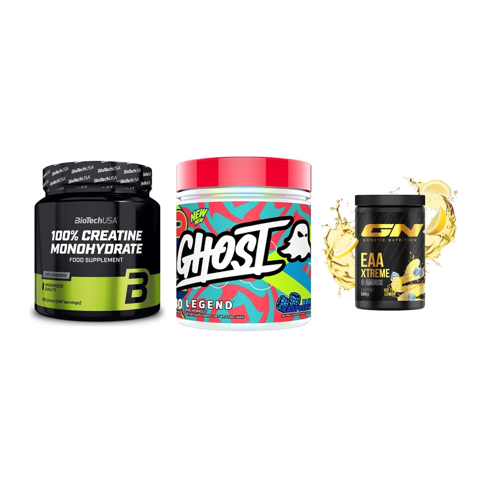 Kraft-Stack: BioTech Creatine + Ghost Legend V4 + GN EAA Xtreme – alle enthaltenen Artikel