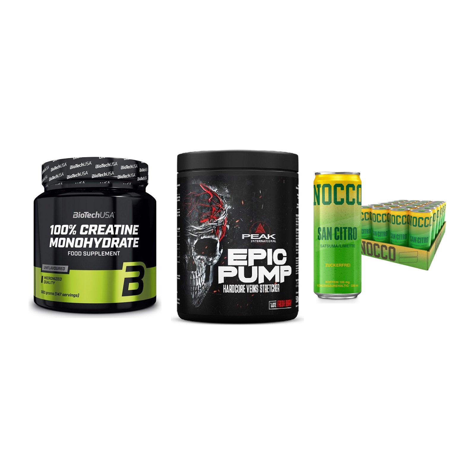 Kraft-Stack: BioTech Creatine + Peak EPIC Pump + Nocco BCAA Drink – alle enthaltenen Artikel
