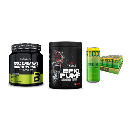 Kraft-Stack: BioTech Creatine + Peak EPIC Pump + Nocco BCAA Drink – alle enthaltenen Artikel