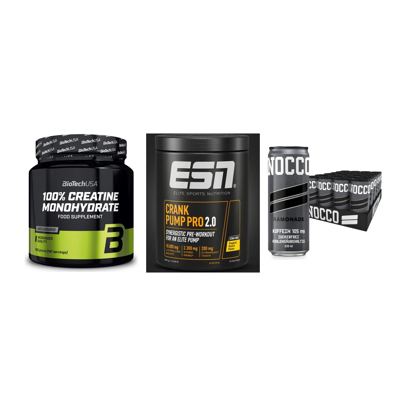 Kraft-Stack: BioTech Creatine + ESN Crank Pump + Nocco BCAA Drink – alle enthaltenen Artikel