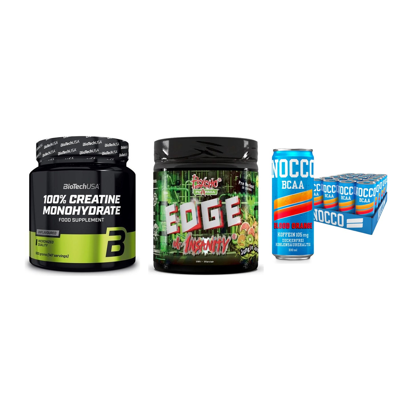 Kraft-Stack: BioTech Creatine + Psycho Pharma + Nocco BCAA Drink – alle enthaltenen Artikel