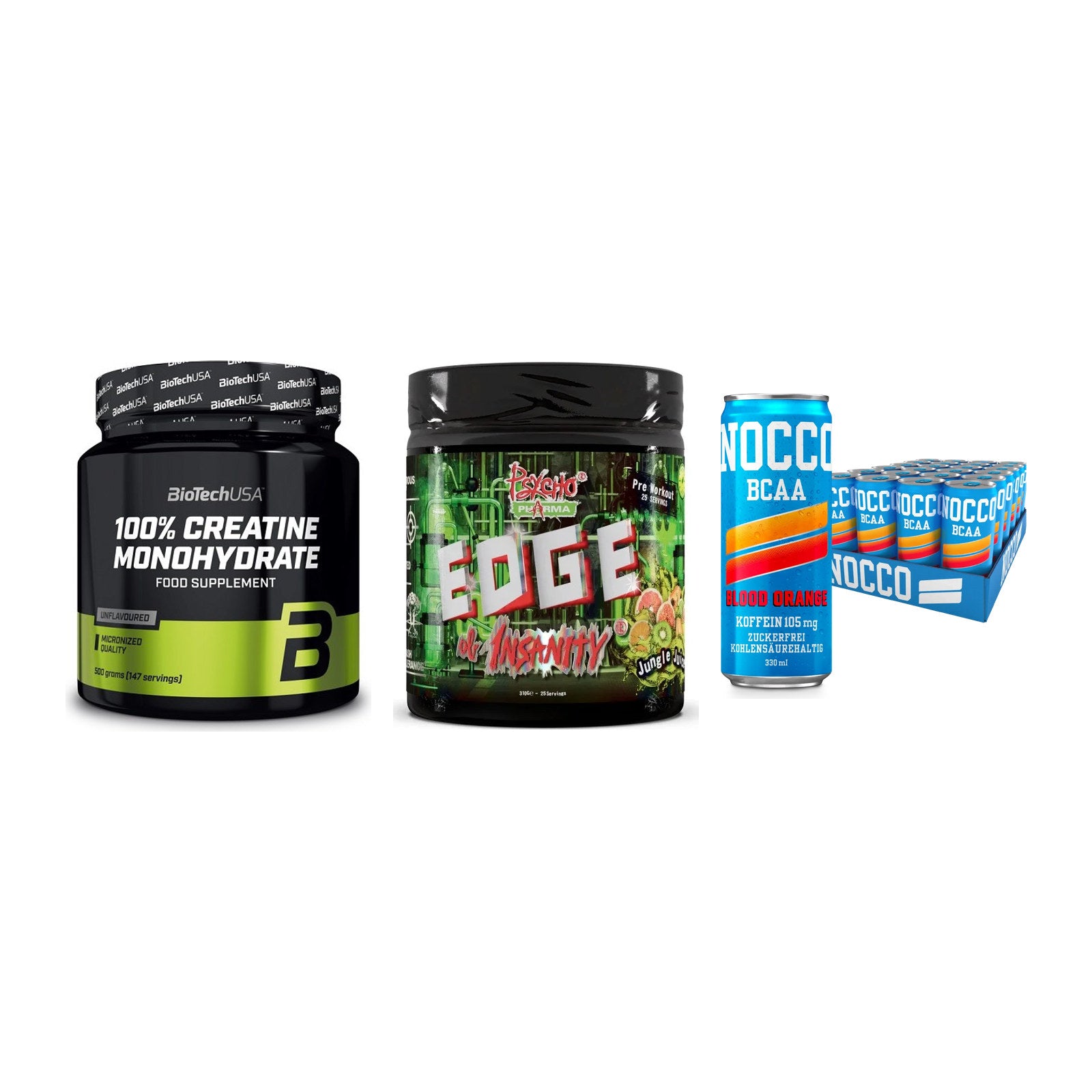 Kraft-Stack: BioTech Creatine + Psycho Pharma + Nocco BCAA Drink – alle enthaltenen Artikel