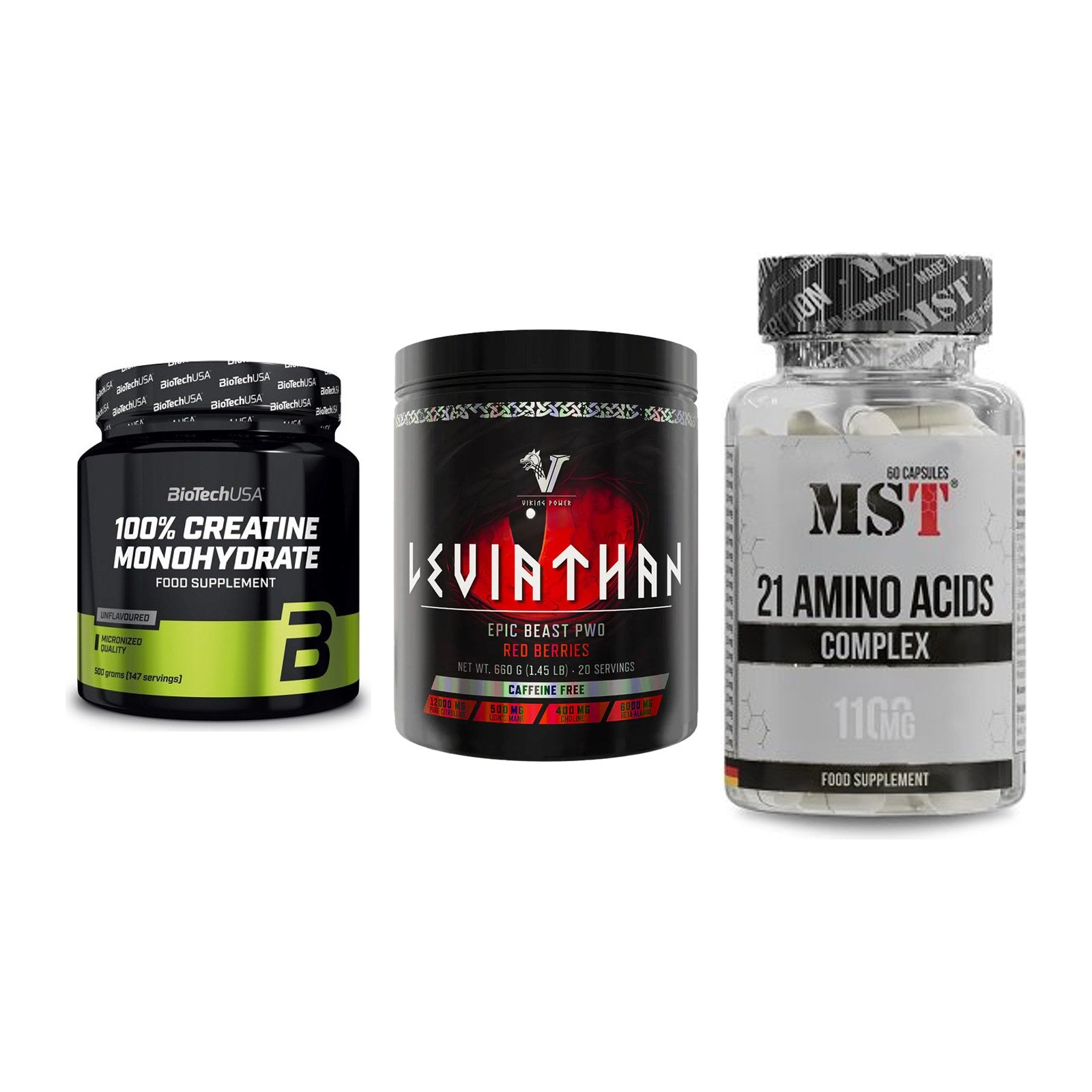 Kraft-Stack: BioTech Creatine + Viking Power + MST 21 Amino – alle enthaltenen Artikel