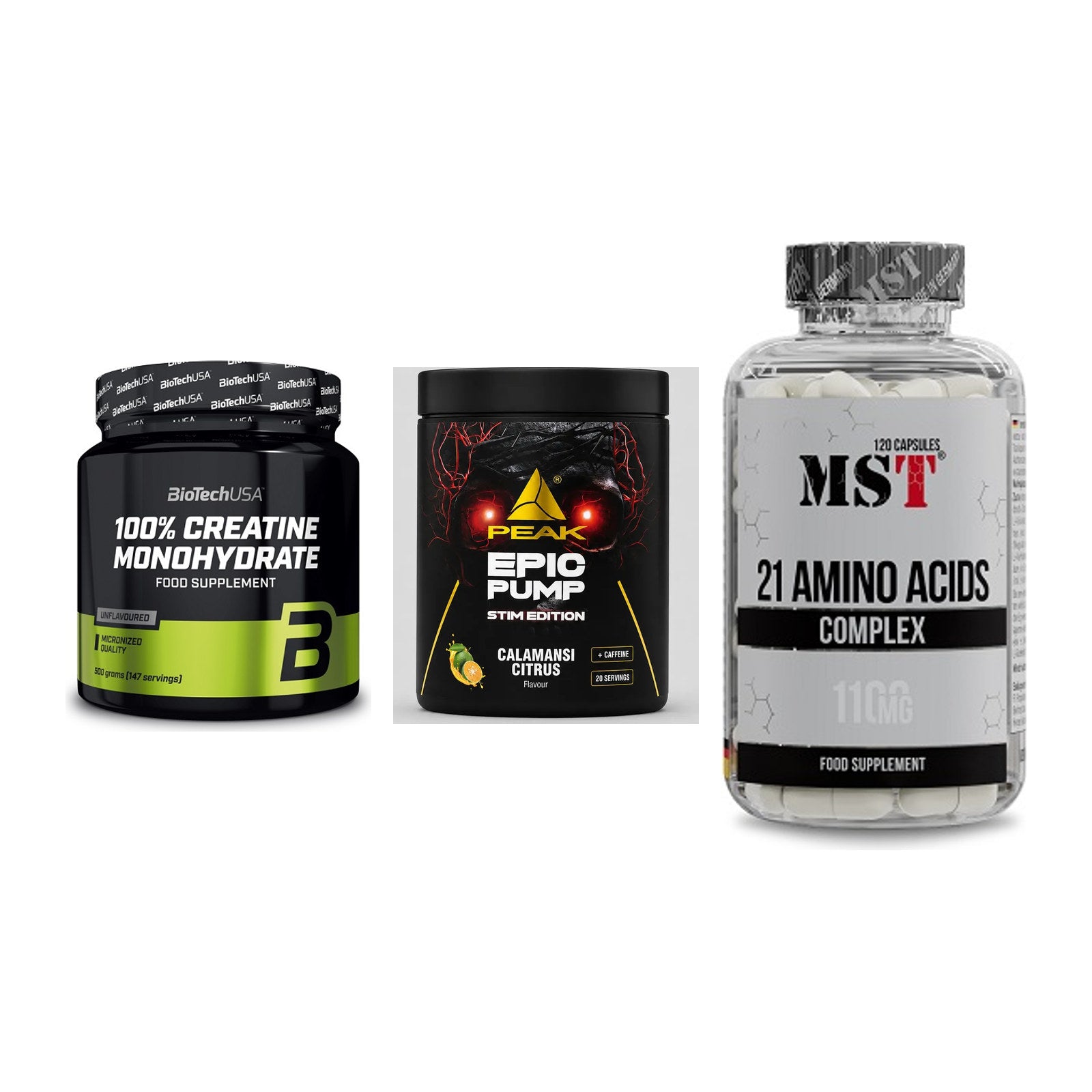 Kraft-Stack: BioTech Creatine + Peak Epic Pump + MST 21 Amino – alle enthaltenen Artikel