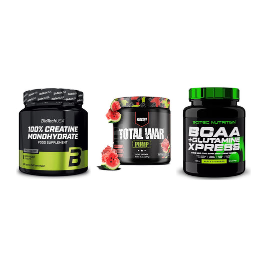 Kraft-Stack: BioTech Creatine + Redcon1 Total War + Scitec BCAA – alle enthaltenen Artikel