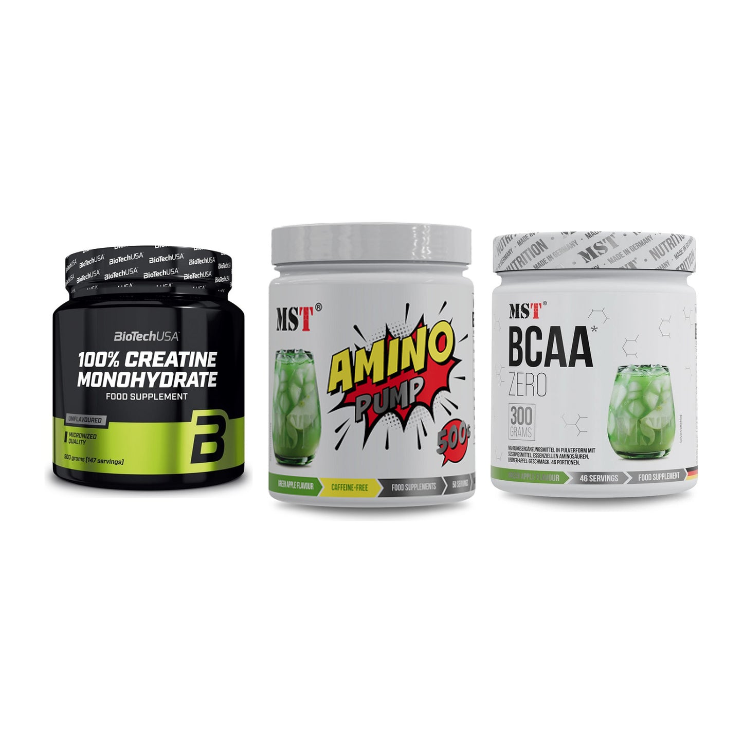 Kraft-Stack: BioTech Creatine + MST Amino Pump + MST BCAA Zero – alle enthaltenen Artikel