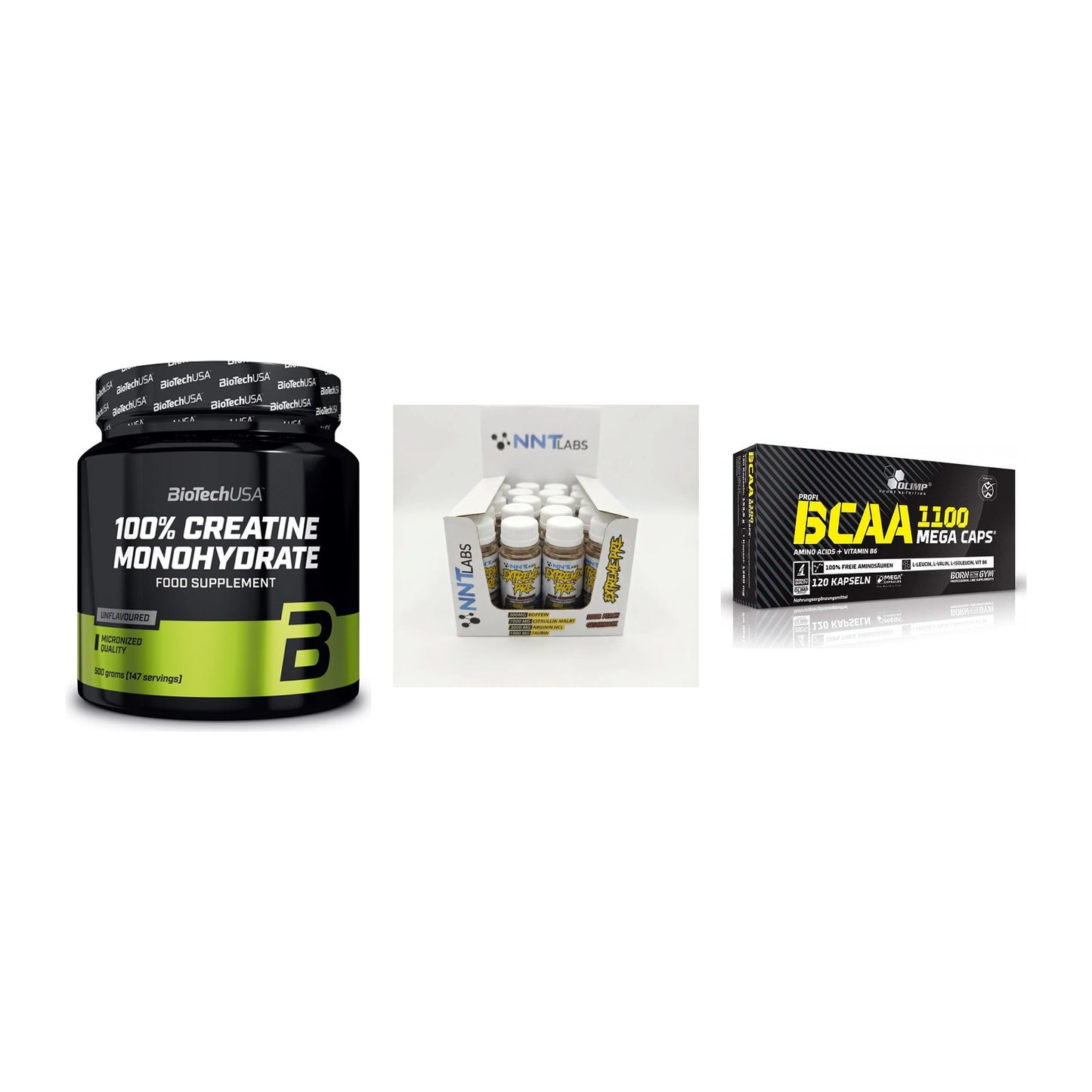 Kraft-Stack: BioTech Creatine + NNT Extreme + Olimp BCAA Mega – alle enthaltenen Artikel